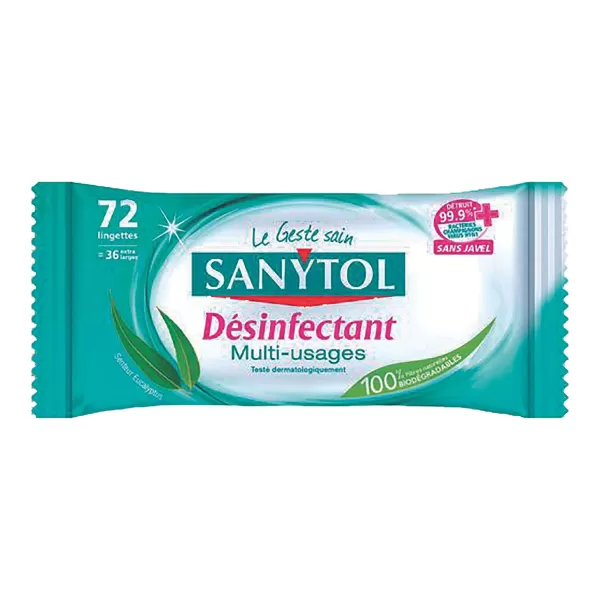 Best SANYTOL 72 Lingettes Desinfctantes Mutli-Usages 94% Vegetal Eucalyptus & Menthe