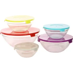 5 Bols En Verre Avec Couvercles En Plastique