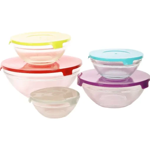 5 Bols En Verre Avec Couvercles En Plastique