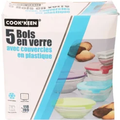 5 Bols En Verre Avec Couvercles En Plastique